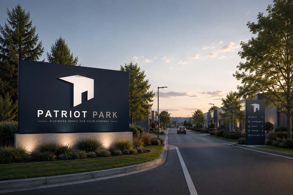 Patriot Park entrance monument sign and wayfinding at dusk, with business park buildings down the drive